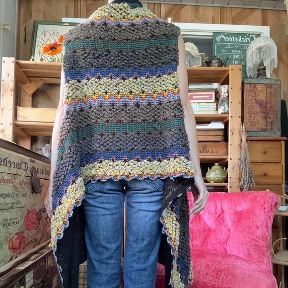 Boho Chunky Knit Longline Vest Multi Color Chevron Popcorn Stitch Tassel Hem - Picture 4 of 8